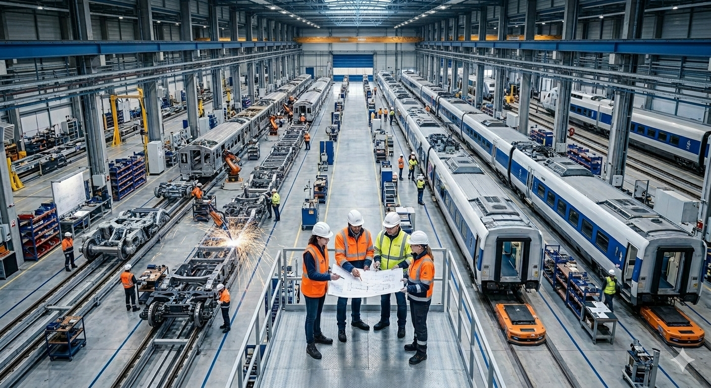 A sleek aerodynamic high-speed bullet train freshly manufactured parked inside a modern testing depot facility with polished metal surfaces LED accent lights futuristic design wide shot industrial setting dramatic lighting